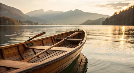 Obraz premium Golden Hour Close-Up of Wooden Boat on Tranquil Mountain Lake V1