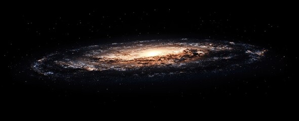 Obraz premium A spiral galaxy, viewed edge-on, displays a bright, yellowish core surrounded by swirling arms of dust and gas against a black, star-studded backdrop