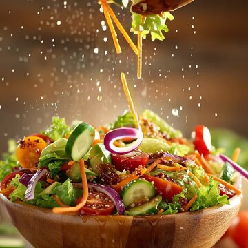 A vibrant, fresh garden salad being tossed in a large wooden bowl. Colorful ingredients like lettuce, cherry tomatoes, cucumber slices, shredded carrots, red onions, and avocado being tossed mid-air. 