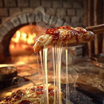 A delicious pizza with golden, bubbling melted cheese, pepperoni, and fresh toppings cooking in a traditional brick pizza oven. The cheese is in long strings as a slice is pulled away.  Video.
