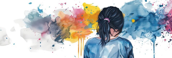 Celebrating anti-bullying month with artistic watercolor design for awareness campaigns. Problem of bullying at school, based on nationality, race or class. Horizontal banner. Copy space. Watercolor