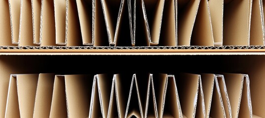 Close-up of corrugated cardboard layers showing intricate folded patterns, creating a textured, geometric design
