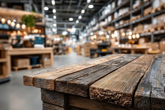 Wooden table top in front of a large warehouse