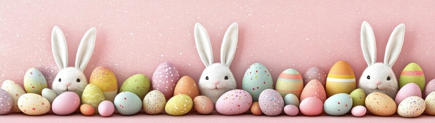Pastel Easter eggs and bunnies on pink background