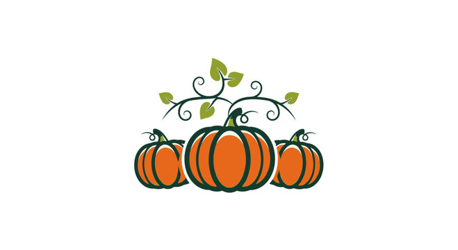 Stylized illustration of three orange pumpkins with dark green outlines stems and a leafy vine.