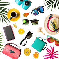 Naklejka premium Colorful summer accessories scattered on black background
