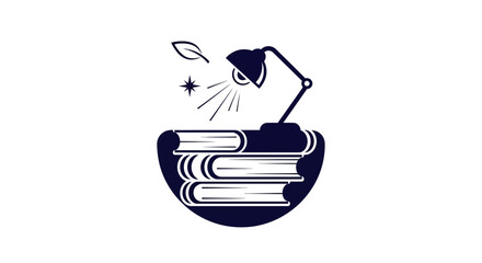 Stylized Stack of Books with Lamp Leaf and Star Icon Design.