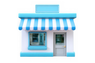 Cute 3d cartoon storefront with blue awning and sign isolated on transparent background