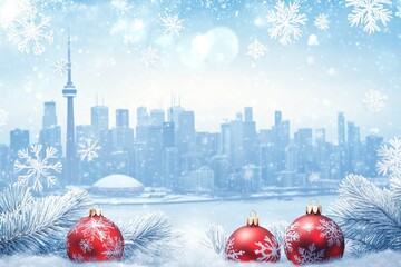 Snowy Toronto cityscape backdrop with three red Christmas ornaments resting on snow-covered pine branches