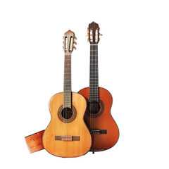 Fototapeta premium Two acoustic guitars, side-by-side, slightly angled, light-brown wood
