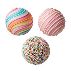 Obraz premium Three colorful cake pops with sprinkles and drizzles