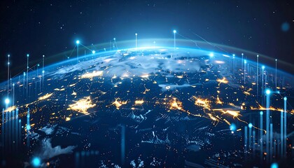 Fototapeta premium Night-lit Earth, glowing network lines connecting continents