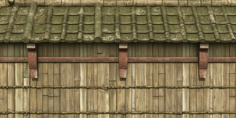 Weathered green tile roof over aged bamboo wall with reddish-brown horizontal supports and brackets