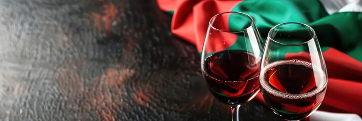 Bulgaria independence day celebration with wine and national flag. Horizontal banner. Copy space. Two glasses of red wine and flag of Bulgaria