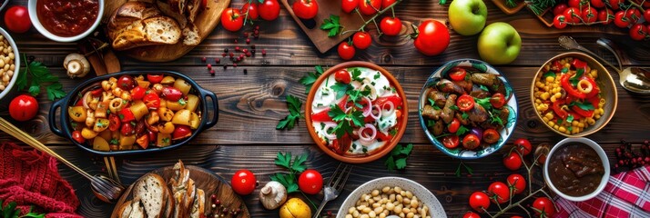 Traditional bulgarian feast celebrating independence day with diverse dishes and fresh ingredients. Traditional bulgarian food. Horizontal banner. Copy space. Free space for text