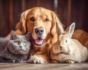Adorable trio: a happy dog with a gray cat and a bunny in a cozy indoor setting