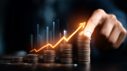 Businessman hand touch glowing coin stack graph arrow bar.