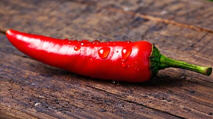 Fresh red chili pepper glistening with water droplets on a rustic wooden surface - Powered by Adobe