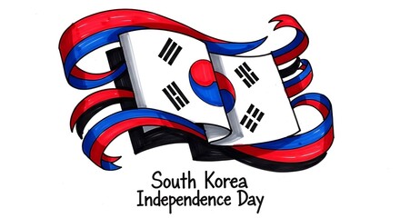 Stylized illustration of the South Korean flag with celebratory ribbons for Independence Day, Gwangbokjeol. Patriotic national symbol for a holiday event.