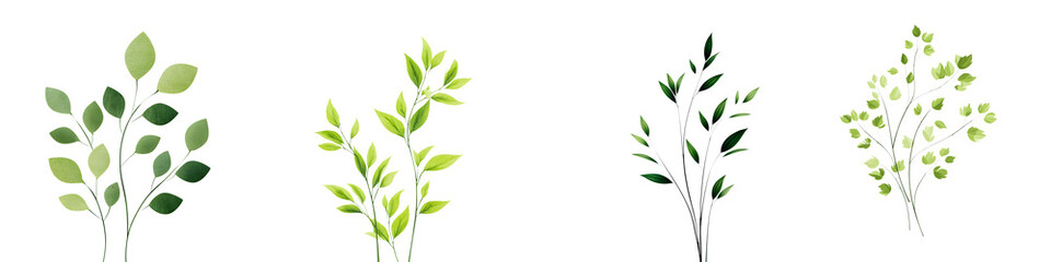Watercolor Green Leaf Sprigs: Four Variations on White Background