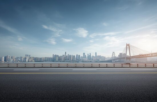 Serene urban highway scene with distant city skyline under clear blue sky, featuring smooth traffic flow and warm gray-yellow tones for minimalist advertising backdrops