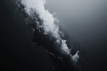 Abstract grayscale artwork depicting a dynamic, flowing, white substance cascading down a dark, textured background, suggesting movement and contrast