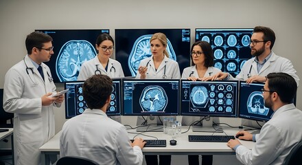 A group of doctors in white coats analyze brain scans and medical images on multiple monitors during a meeting, discussing a diagnosis or treatment plan.