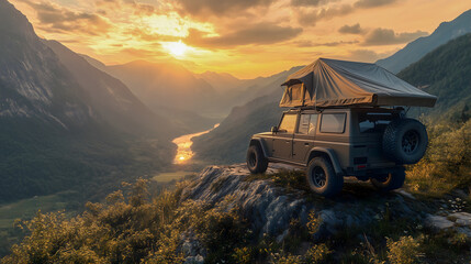 Rugged off-road SUV with rooftop tent deployed, parked on a scenic cliffside, overlooking a breathtaking valley, sunrise casting golden light