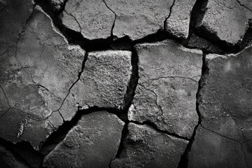 Close-up monochrome view of severely cracked, dark gray earth, exhibiting a textured, arid surface with deep fissures and irregular polygonal shapes