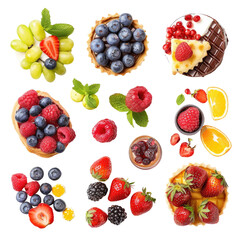 Assorted fruit tarts and berries arranged in a grid pattern