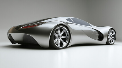 Exterior of the futuristic car with silver color and wide body. Low design with smooth lines. Clear grey background.