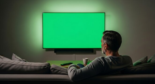 A man relaxes on a couch in his living room watching a large television with a green screen and ambient backlighting.