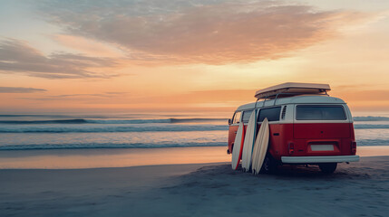 Camper van parked on a sandy beach, surfboards leaning against it, ocean waves in the background, soft sunset lighting
