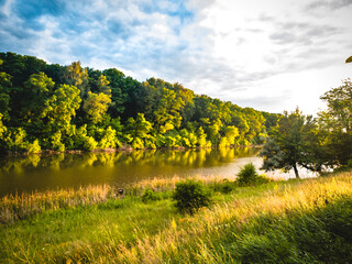 A calm river surrounded by forest and tall grass under a cloudy sky at sunset. Perfect for relaxation.