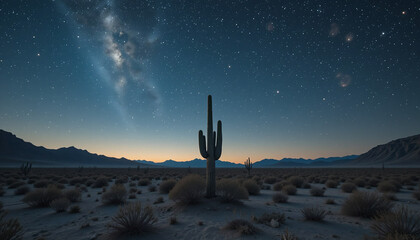 Desert Night with Stars and Cactus Silhouette.