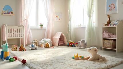 Cozy nursery with soft pastel colored curtains and a fluffy animal themed carpet The room is filled with cute furniture and toys creating a comfortable playful atmosphere for children