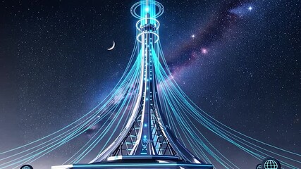 Futuristic Tower Reaching for the Stars with Cosmic Energy Streams - Powered by Adobe