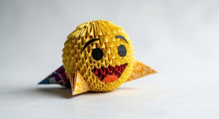 Fototapeta premium A yellow origami emoji face with black eyes and a red mouth on a white surface with patterned wings