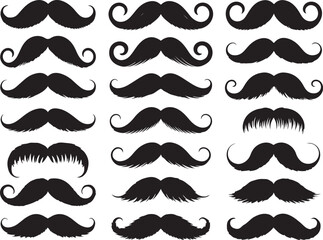 Collection of various black mustache styles on a white background