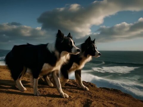 Two Border Collies Standing Alert on Cliff Edge Overlooking Ocean During Sunset