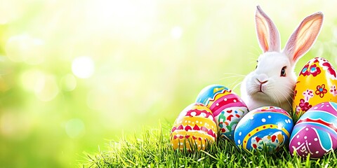 A fluffy white rabbit sits amidst vibrantly colored Easter eggs nestled in a patch of bright green grass against a sunny bokeh background