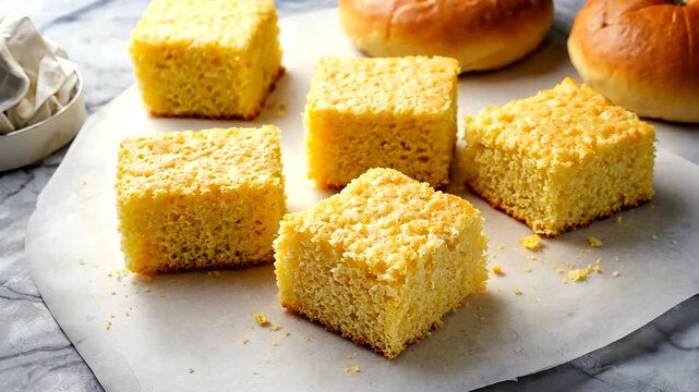 Freshly baked cornbread squares on a marble surface with soft buns in the background