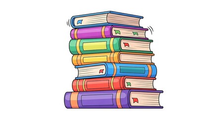 A colorful stack of books with bookmarks on a white background in a cartoon illustration style