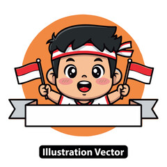 Cute chibi boy celebrating national day holding two red and white flags with a blank banner