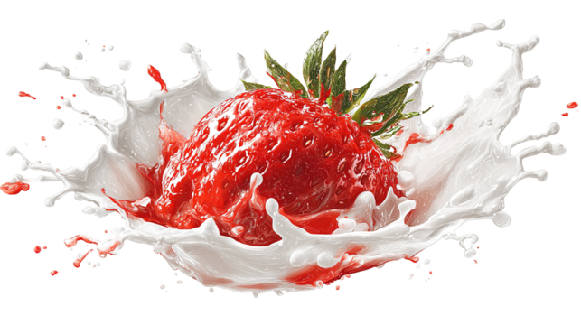 Milk splash with strawberries isolated on white