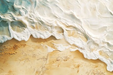 Overhead view of a wave's frothy white crest breaking on a pale golden sandy beach