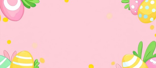 Pastel pink background with decorative Easter eggs and leaves, forming a border; space for text