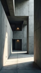 Fototapeta premium An interior poster focusing on a modern brutalist space — raw concrete textures, geometric shadows, sharp architectural lines, and cold beauty of industrial materiality.