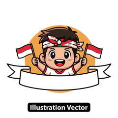 Cute cartoon boy celebrating Indonesian Independence Day holding flags with a blank banner.