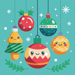 Cute hanging decorations, christmas template for card and banner. Vector illustration in flat cartoon style